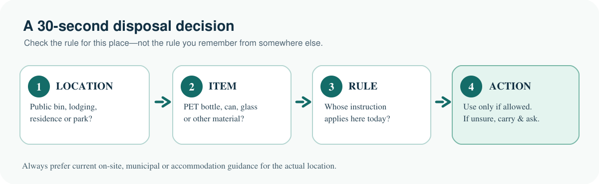 Four connected disposal decisions: location, item, applicable rule and permitted action.
